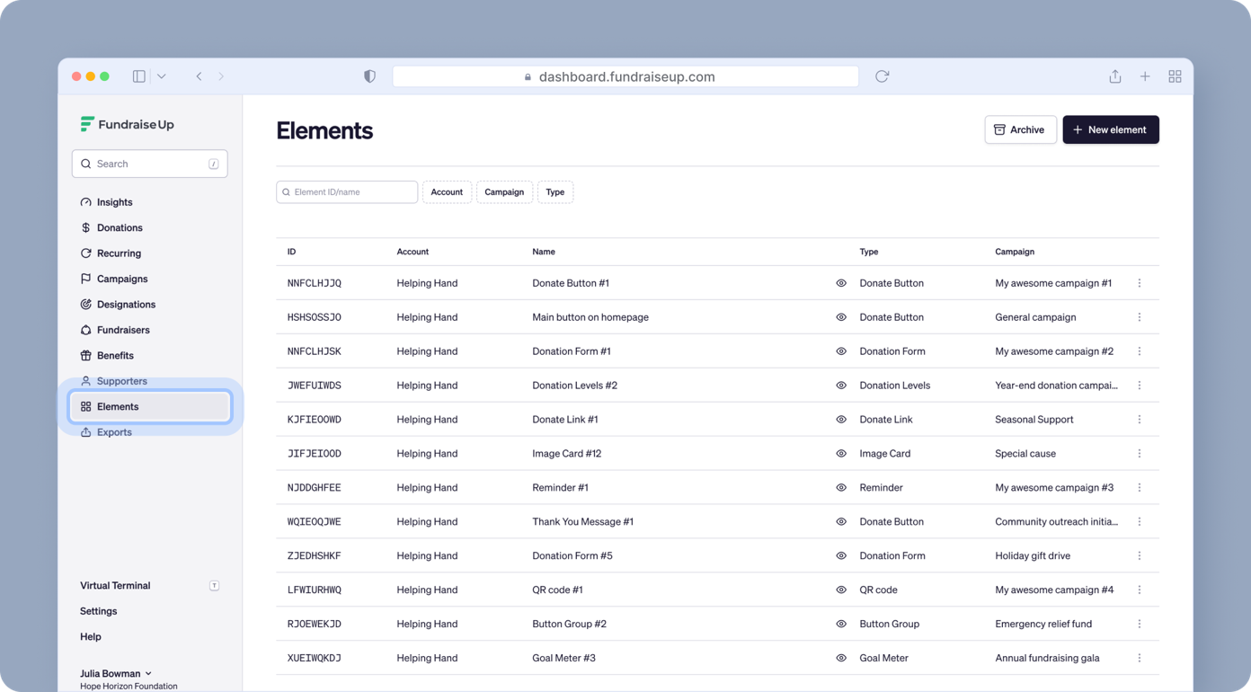 FundraiseUp dashboard displaying a list of elements with columns for ID, Account, Name, Type, and Campaign. The selected section is "Elements," showing various fundraising components like buttons and forms.