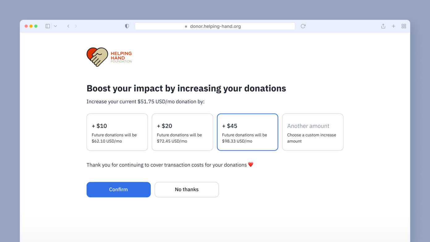 Donation increase options for Helping Hand Foundation, showing current donation of $51.75/month and suggested increases of $10, $20, and $45 with corresponding future totals. Buttons for confirming or declining the increase are present.