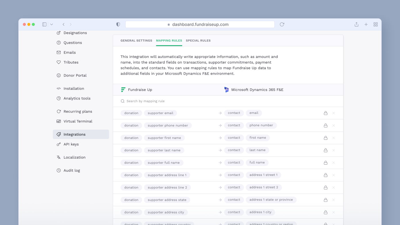 Integration settings for mapping fields between Fundraise Up and Microsoft Dynamics 365, showing various data fields such as supporter email, phone number, and address details.
