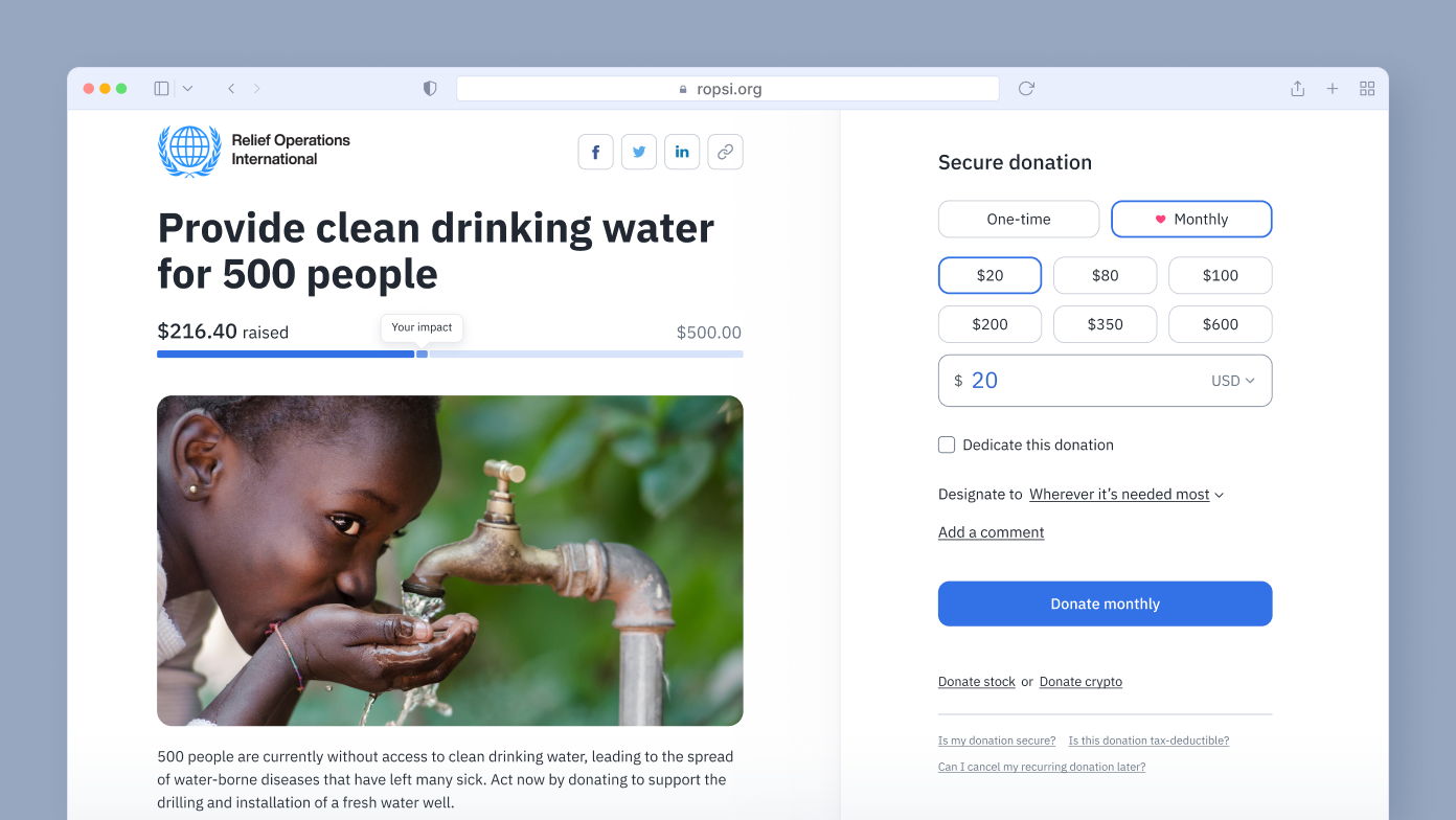 Child drinking water from a tap, with a fundraising section for providing clean drinking water for 500 people, showing $216.40 raised towards a $500 goal. Options for one-time or monthly donations are available.