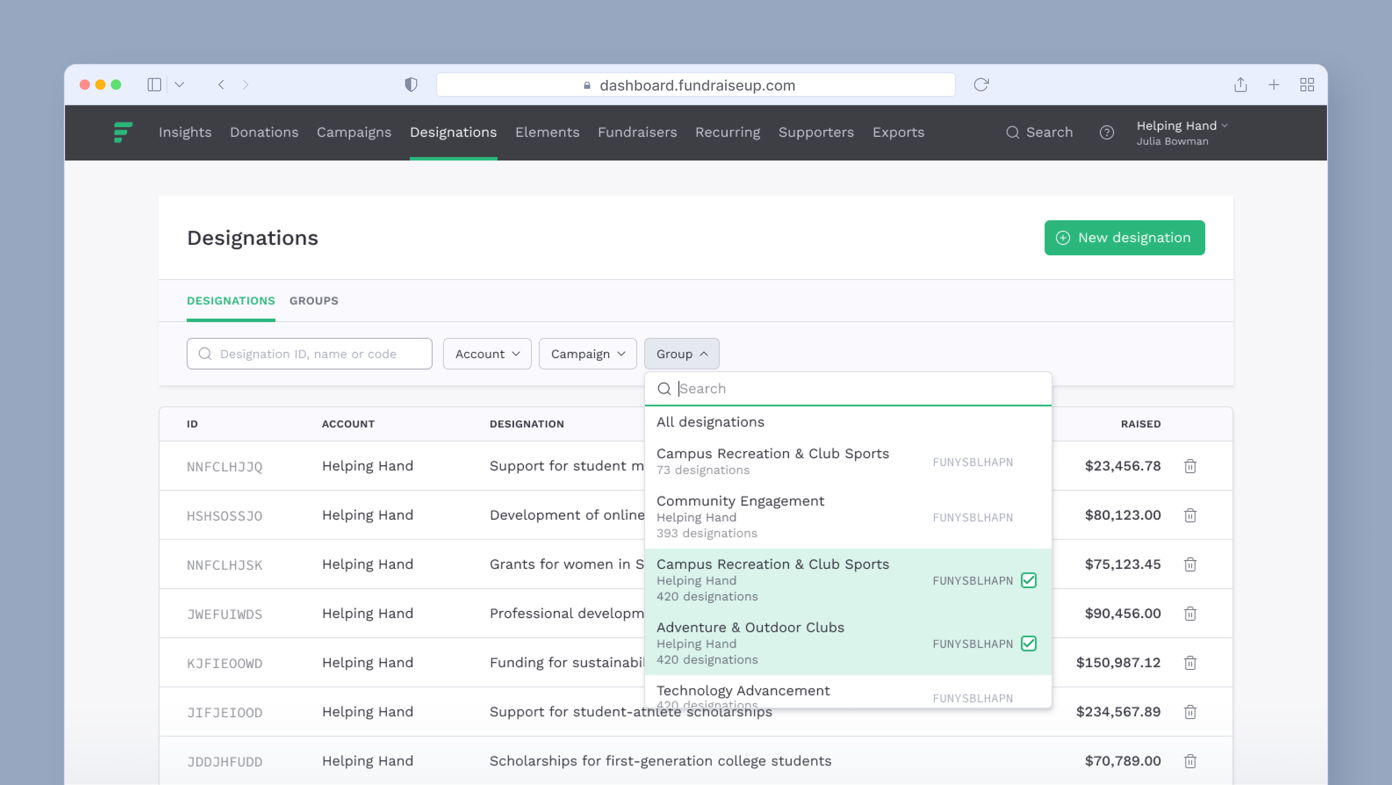 Designations dashboard displaying a table with columns for ID, account, designation, and raised amounts. A search bar is present for filtering designations, with options including "Campus Recreation & Club Sports" and "Community Engagement."