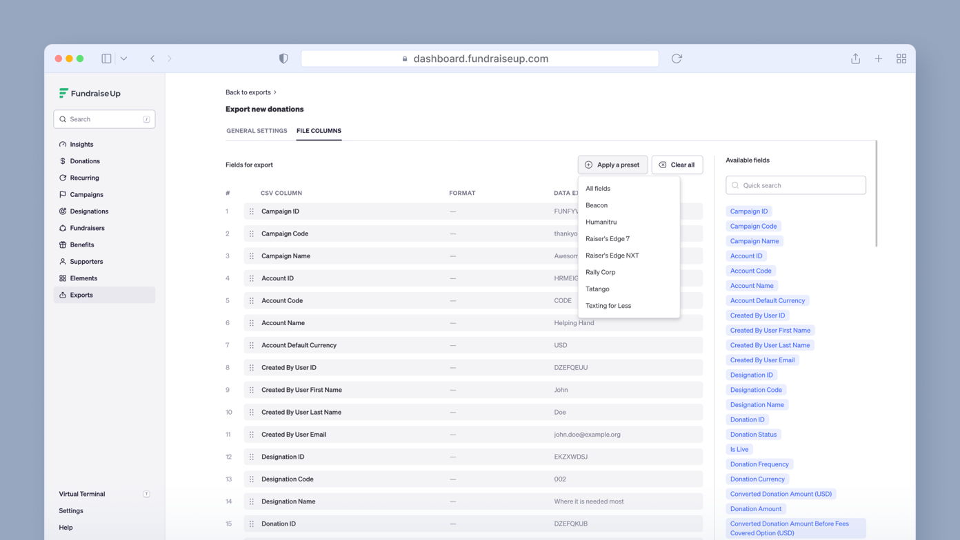 Export settings for new donations, displaying fields such as Campaign ID, Account Name, and Designation ID. Options to apply presets and search for available fields are visible on the right side.