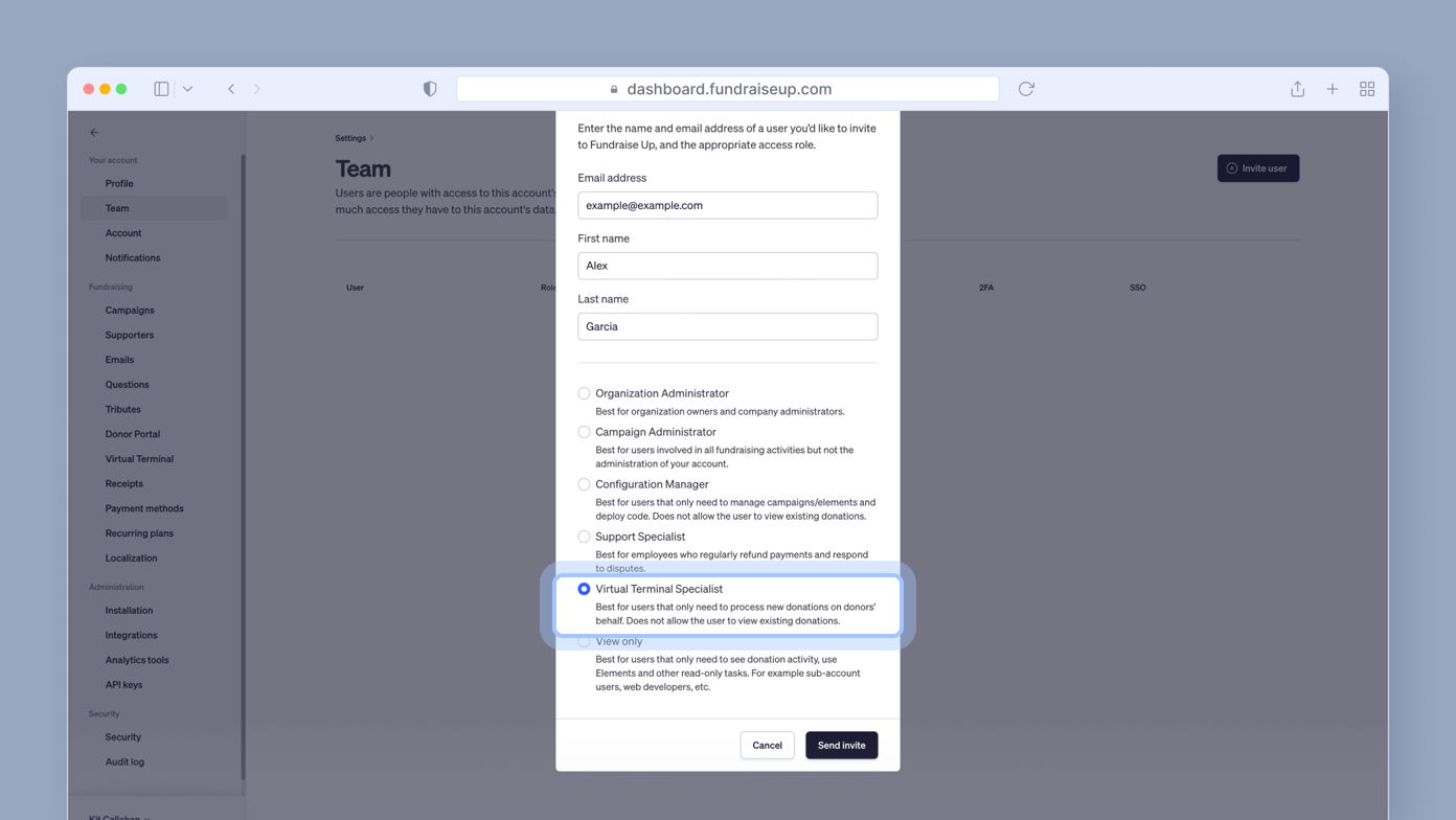User invitation form for Fundraise Up, including fields for email, first name, last name, and access role options. "Virtual Terminal Specialist" role description explains permissions for processing donations and managing existing ones.