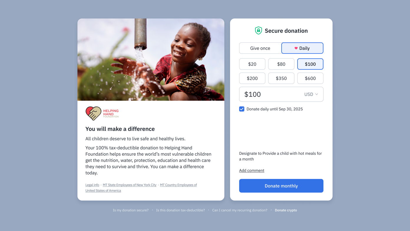 Smiling child playing with water, alongside a donation form for Helping Hand Foundation. Options for one-time or daily donations are displayed, with suggested amounts and a button to donate monthly.