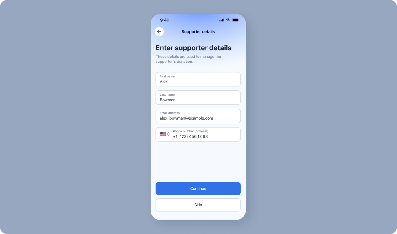 Form for entering supporter details, including fields for first name, last name, email address, and optional phone number, with "Continue" and "Skip" buttons at the bottom.