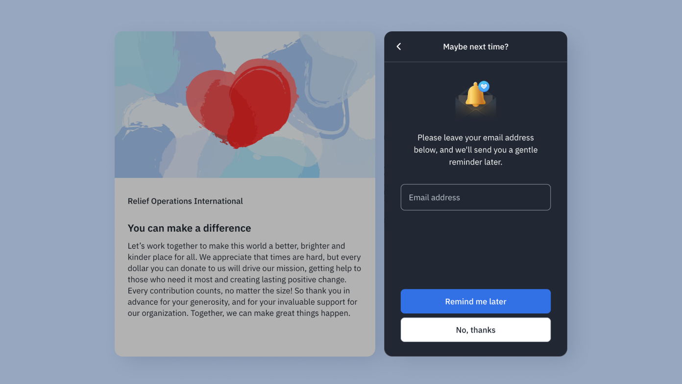 Donation request from Relief Operations International with a message encouraging contributions. A prompt for email subscription is shown, offering a reminder option with buttons for "Remind me later" and "No, thanks."