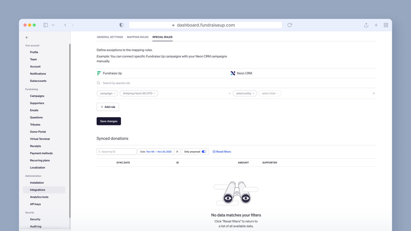 Dashboard interface displaying settings for syncing donations with options to add mapping rules, filter data, and view synced donation details. A message indicates no data matches the current filters.