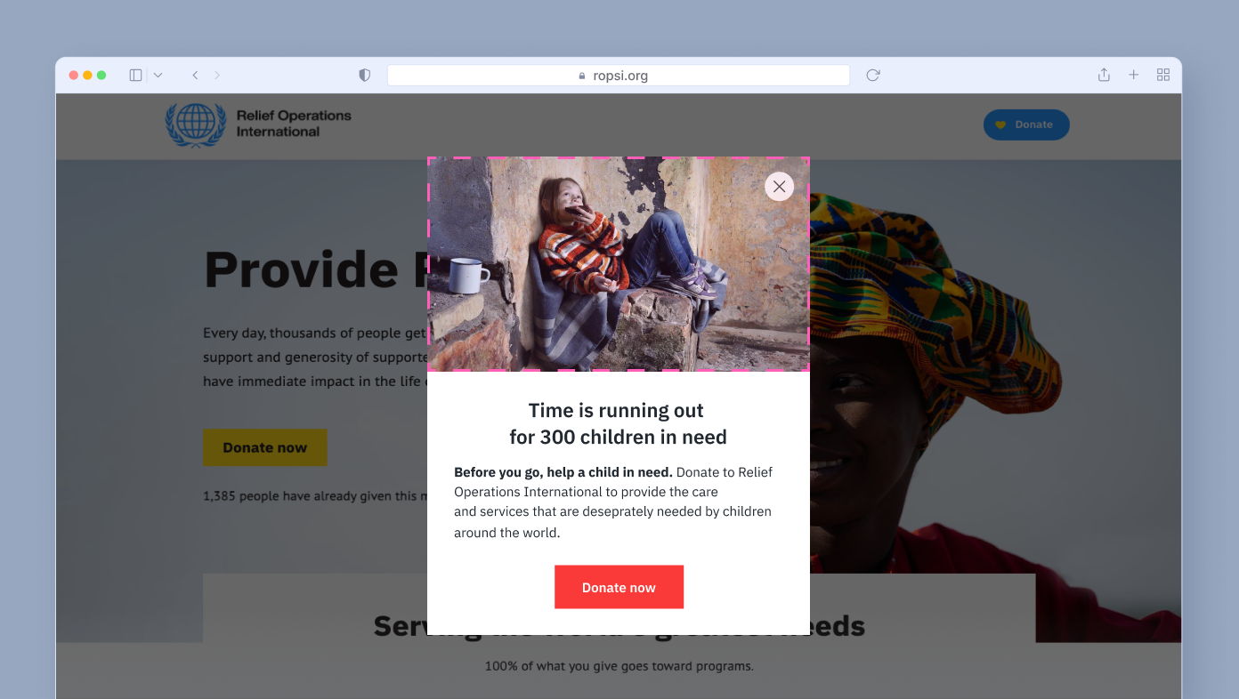 Popup message urging donations to support 300 children in need, with a background image of a child sitting against a wall. The message emphasizes urgency and includes a "Donate now" button.