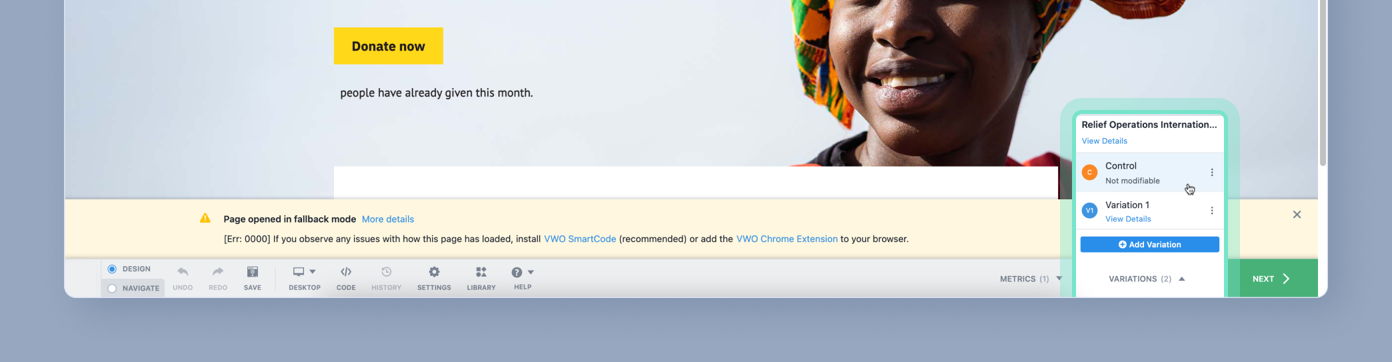 Smiling woman wearing a colorful headscarf, with a call-to-action button labeled "Donate now" above her. Text below indicates people have already contributed this month.