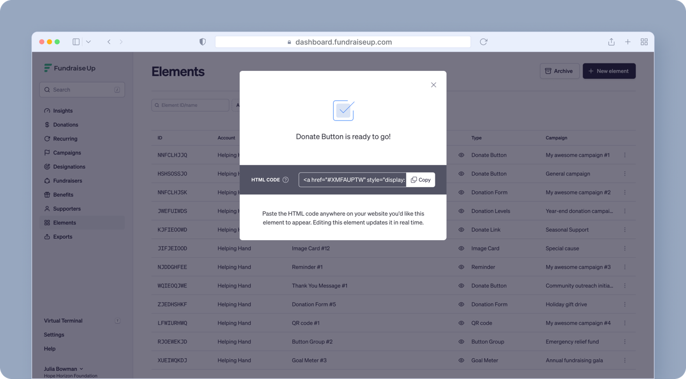 Popup message confirming the 'Donate Button' is ready, with HTML code provided for integration into a website.