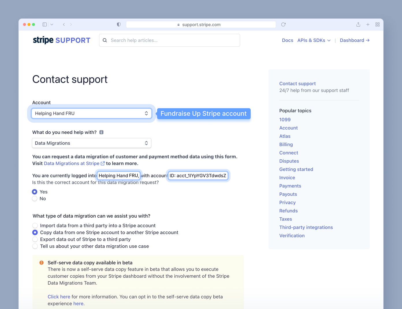 Contact support form on Stripe website, showing account name "Helping Hand FRU," options for data migration assistance, and a prompt to confirm account details. Includes a link to learn more about data migrations.