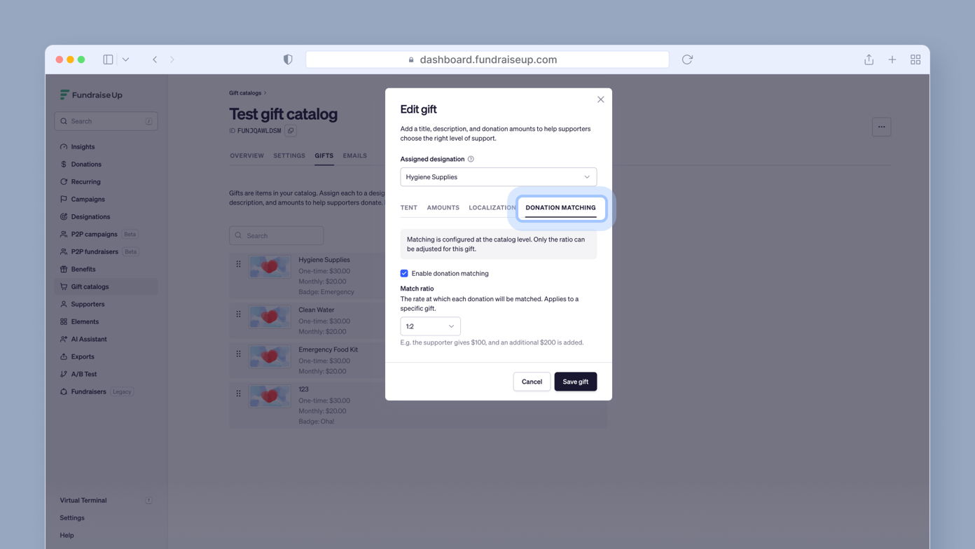 Edit gift dialog for a fundraising platform, focusing on donation matching options for hygiene supplies. Key fields include assigned designation, matching ratio, and an option to enable matching donations. Buttons to save or cancel changes are visible.