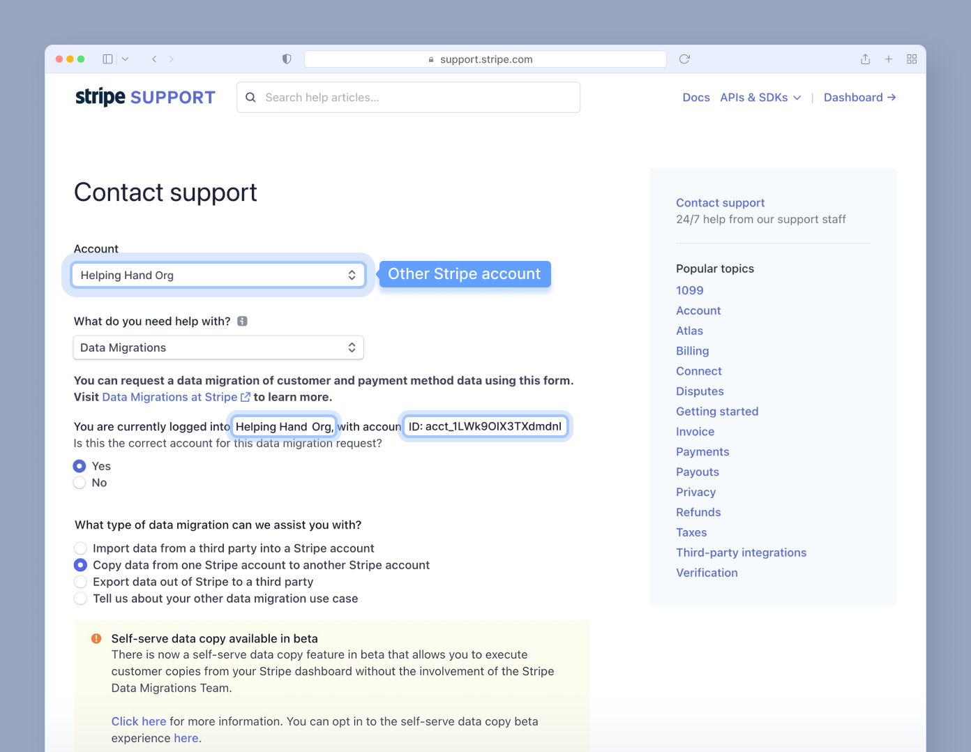 Contact support form on Stripe's website, showing account selection for "Helping Hand Org" and options for data migration requests. Includes a confirmation prompt and a list of data migration types available.