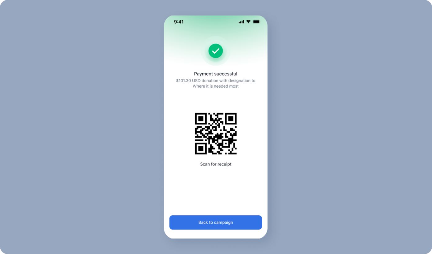 Payment confirmation screen displaying a successful donation of $101.30 with a QR code for receipt scanning and a button labeled "Back to campaign."