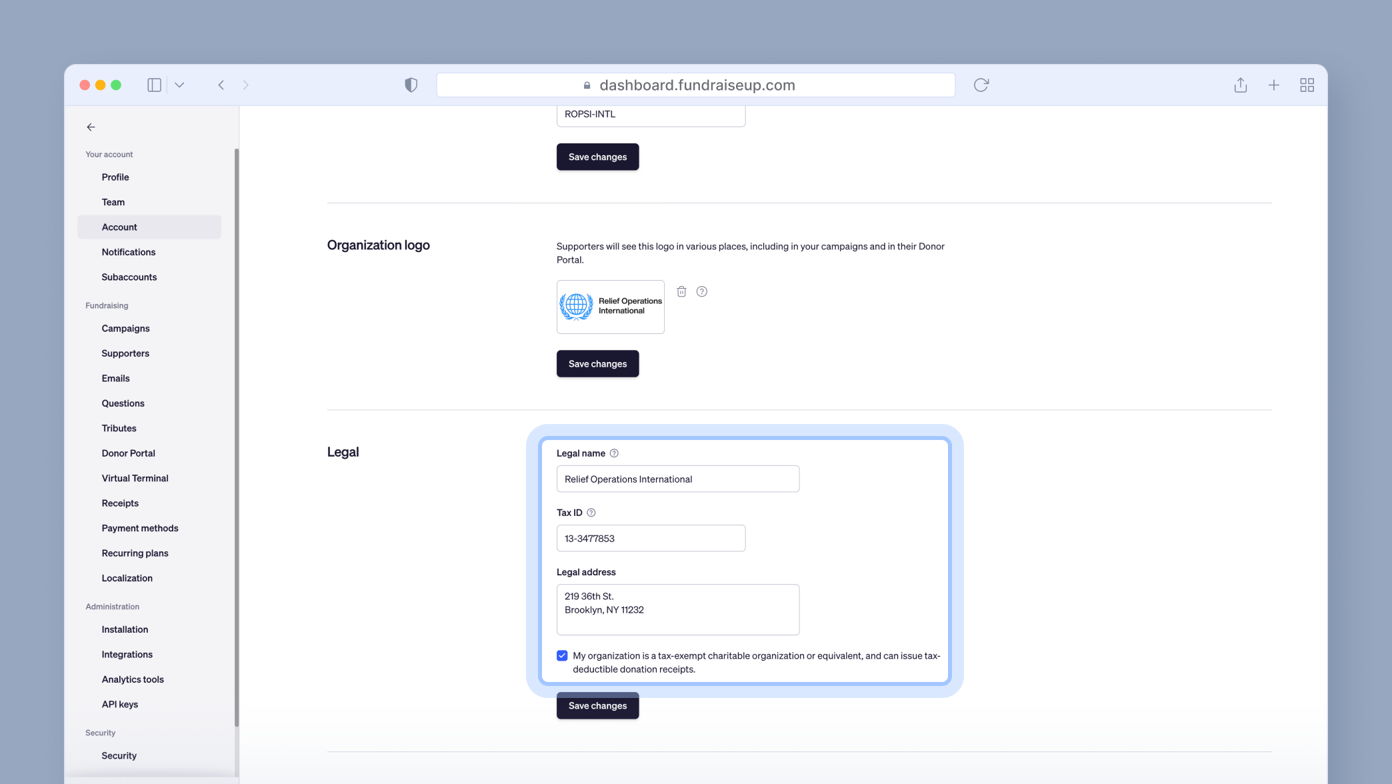 Account settings page displaying fields for organization logo, legal name, tax ID, and legal address, with a note about tax-exempt status and donation receipts. "Save changes" button is visible.