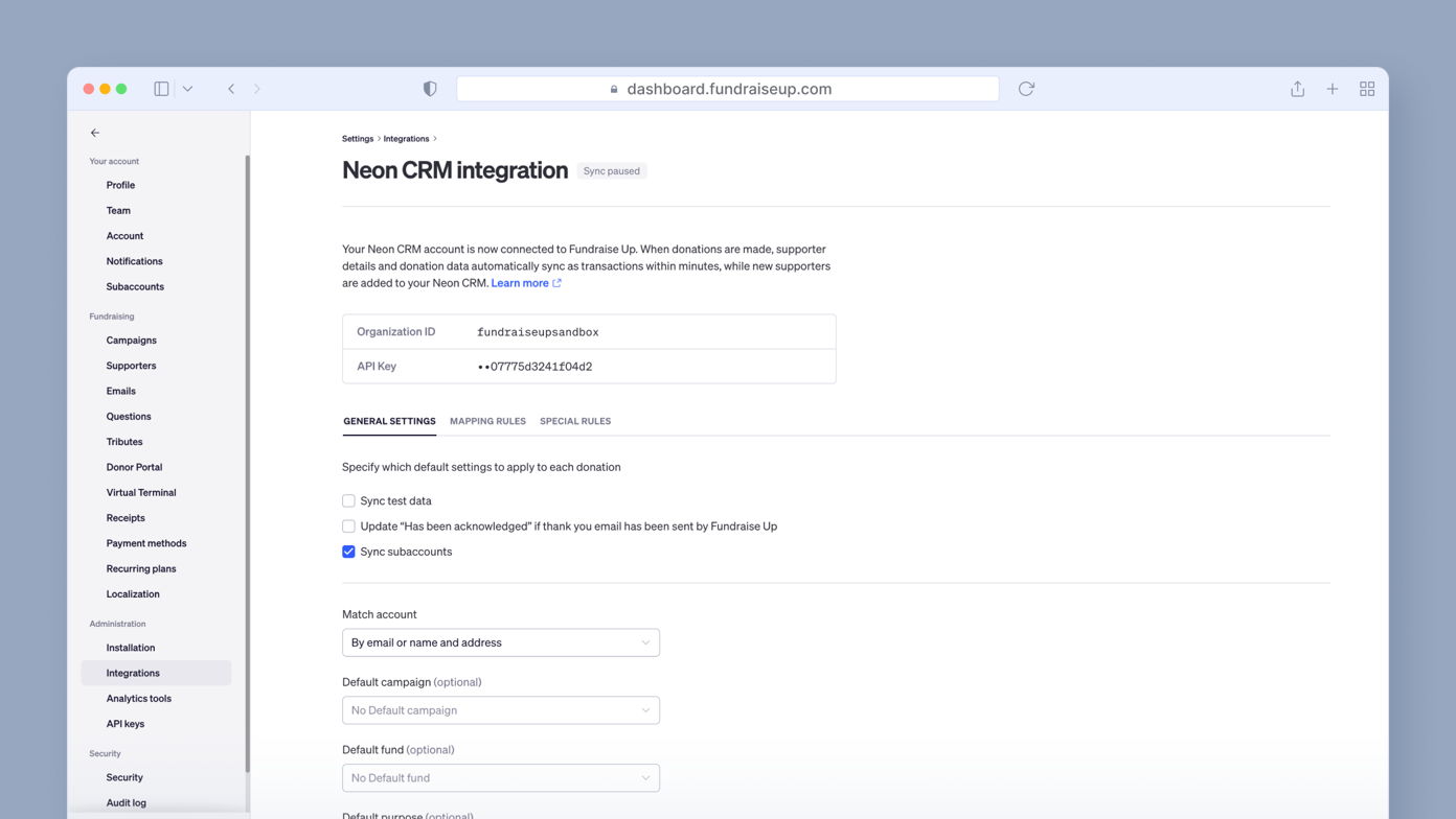 Neon CRM integration settings page with fields for Organization ID, API Key, and options for syncing donation details and acknowledgments. Sections for general settings, mapping rules, and special rules are visible.