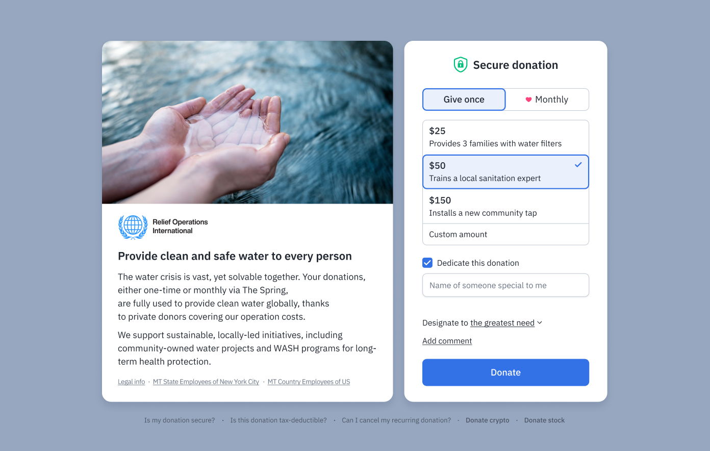 Hands cupped together holding water, with a donation form on the right. The form includes options for one-time or monthly donations, with suggested amounts and their impacts on water initiatives. The organization is Relief Operations International.