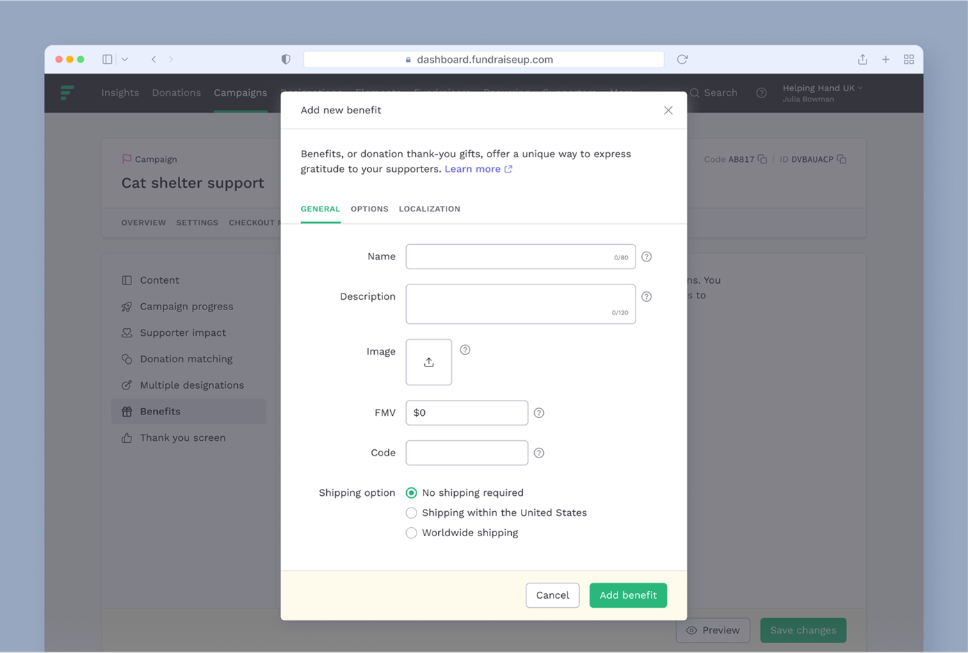 Add new benefit form for a fundraising campaign, featuring fields for name, description, image upload, FMV, code, and shipping options. Includes a prompt about expressing gratitude to supporters.