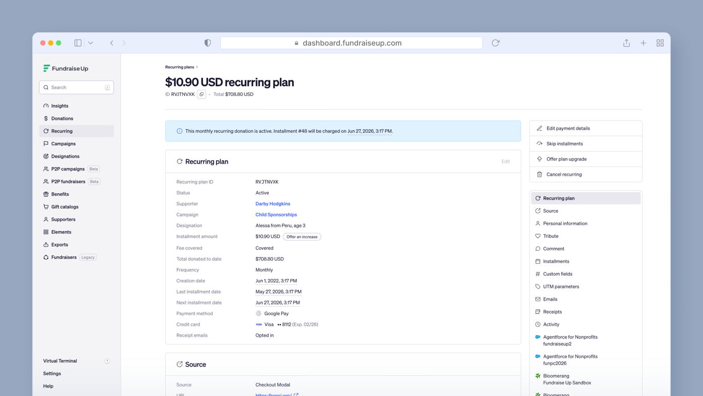 Recurring donation plan details showing $10.90 USD monthly charge, active status, and next installment date. Includes donor information, payment method, and options to edit or cancel the plan.