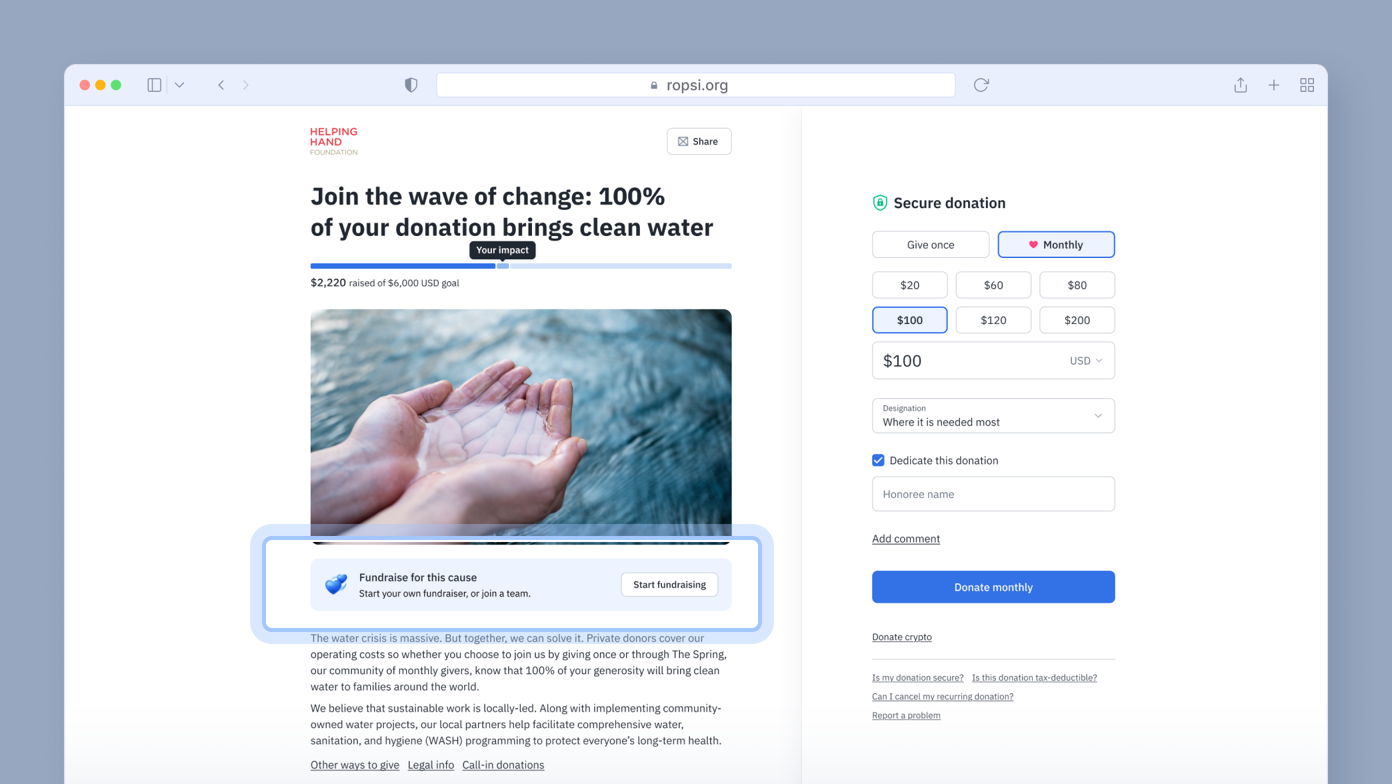 Donation page featuring a call to action for fundraising, with a photo of hands holding water. The total raised is displayed as $2,220 of a $4,000 goal, alongside options for secure donations and a button to start fundraising.
