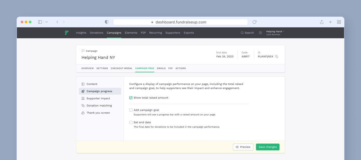 Dashboard for the Helping Hand NY campaign, displaying options for configuring campaign performance, including total raised amount, goals, and settings for donor visibility.