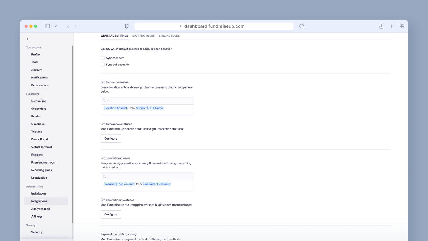 General settings page for a fundraising dashboard, featuring options to sync text data and subaccounts, along with fields for configuring gift transaction names and statuses.