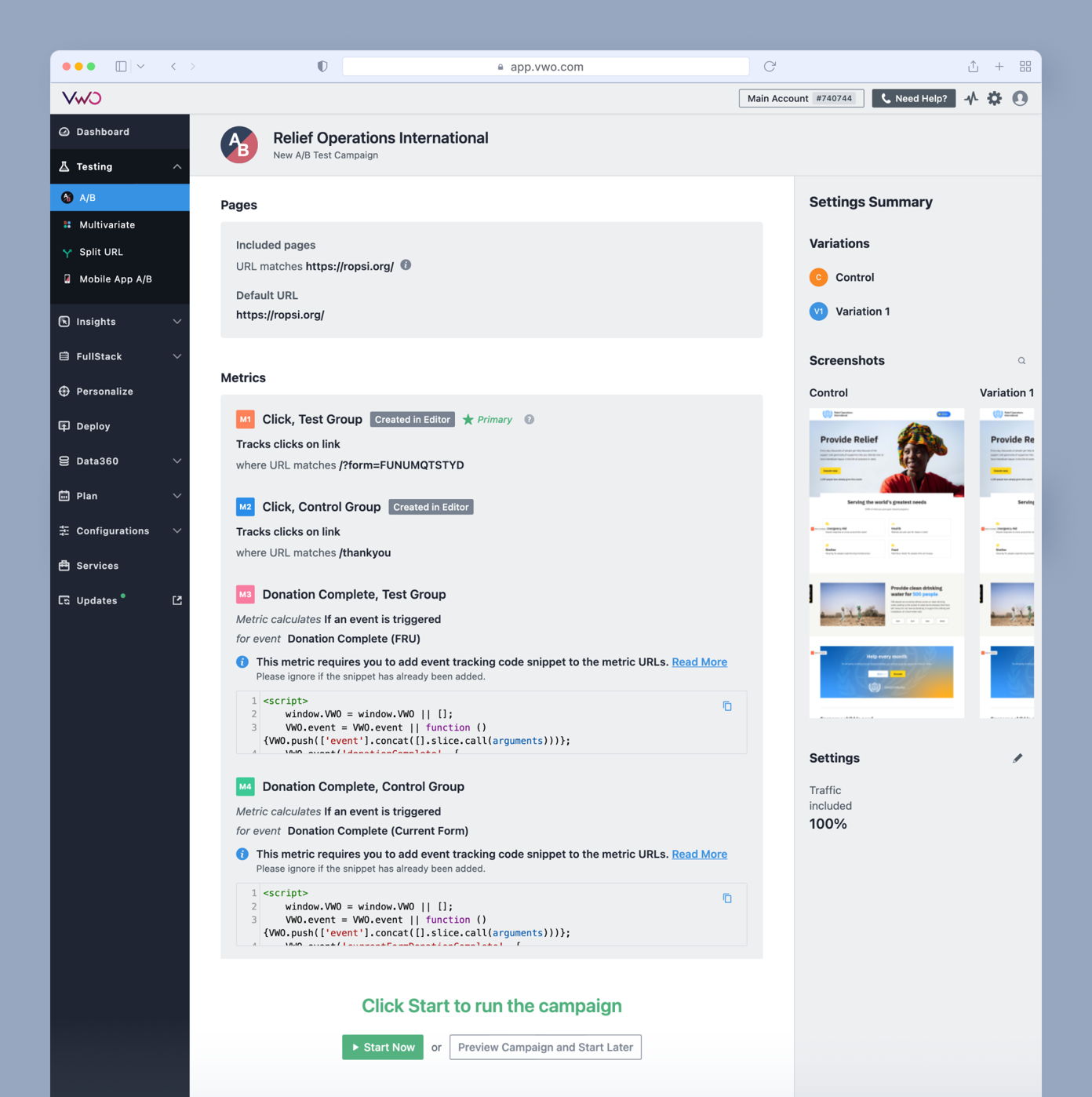Dashboard for A/B testing campaign titled "Relief Operations International." Displays included pages, metrics for tracking clicks, and settings summary with variations and screenshots for comparison. Button to start the campaign is visible.