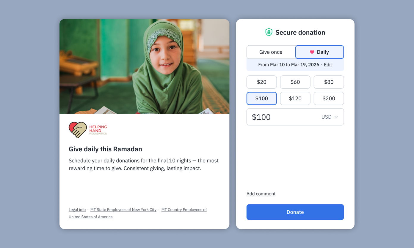 A young girl in a green headscarf smiles, promoting daily donations for Ramadan on the left. The right side features a donation form with options for one-time or daily contributions, including preset amounts and a "Donate" button.
