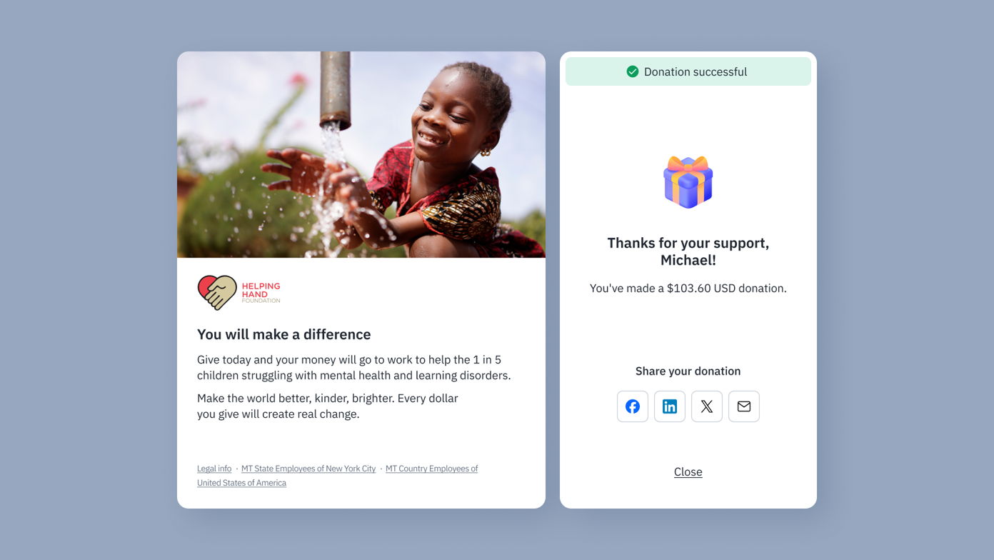 A child smiles while playing with water, promoting a donation campaign for children's mental health. The right side confirms a successful donation of $103.60 and offers options to share the contribution.