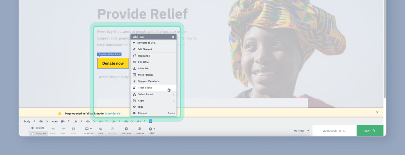 Webpage interface showing a 'Donate now' button and a dropdown menu with editing options. A smiling person wearing a colorful headwrap is visible in the background.