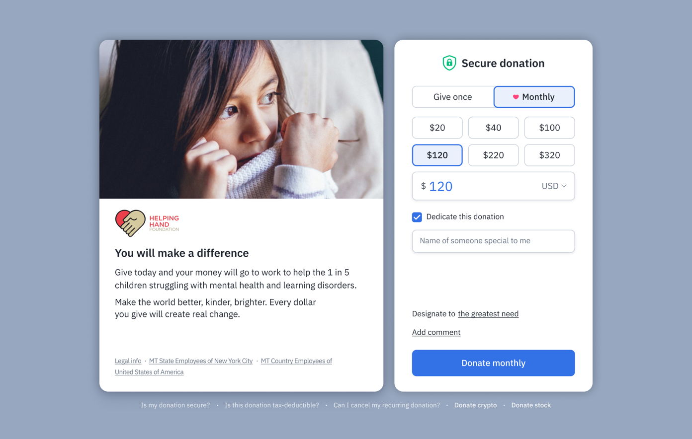 Child looking thoughtfully to the side, accompanied by a donation form for the Helping Hand Foundation. The form includes options for one-time or monthly donations, suggested amounts, and a comment section for dedicating the donation.