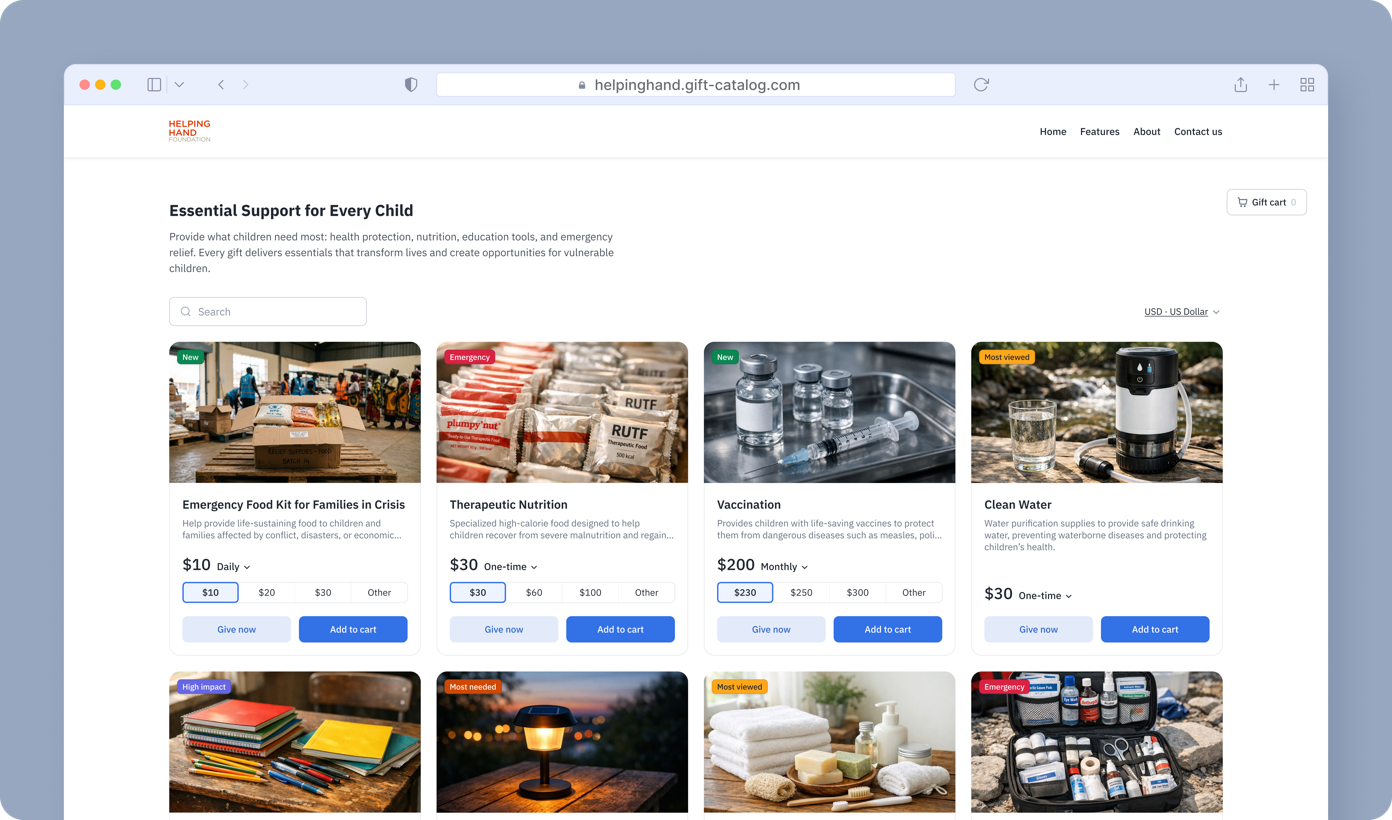 Webpage displaying essential support items for children, including emergency food kits, therapeutic nutrition, vaccination, and clean water. Each item has a description, price, and options to add to cart or give.
