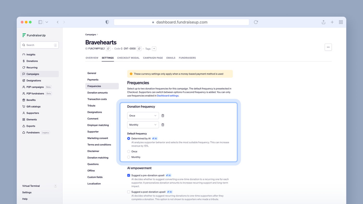 Settings page for a fundraising campaign titled "Bravehearts," displaying options for donation frequency, including "Once" and "Monthly," with a highlighted section for default frequency settings.