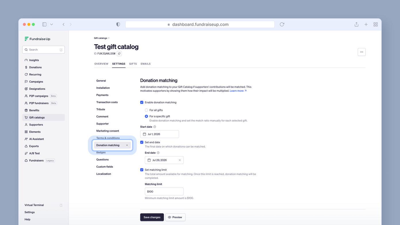 Donation matching settings page with options to enable matching, set start and end dates, and define matching limits for contributions in a gift catalog.