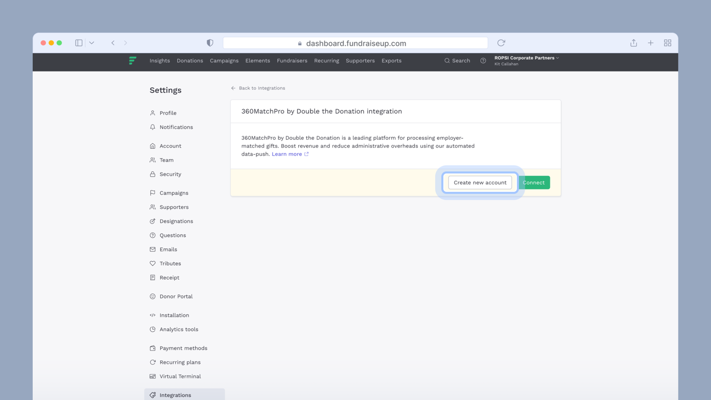 Settings page for a fundraising platform showing the 360MatchPro integration, with a description of its purpose and a prominent "Create new account" button.
