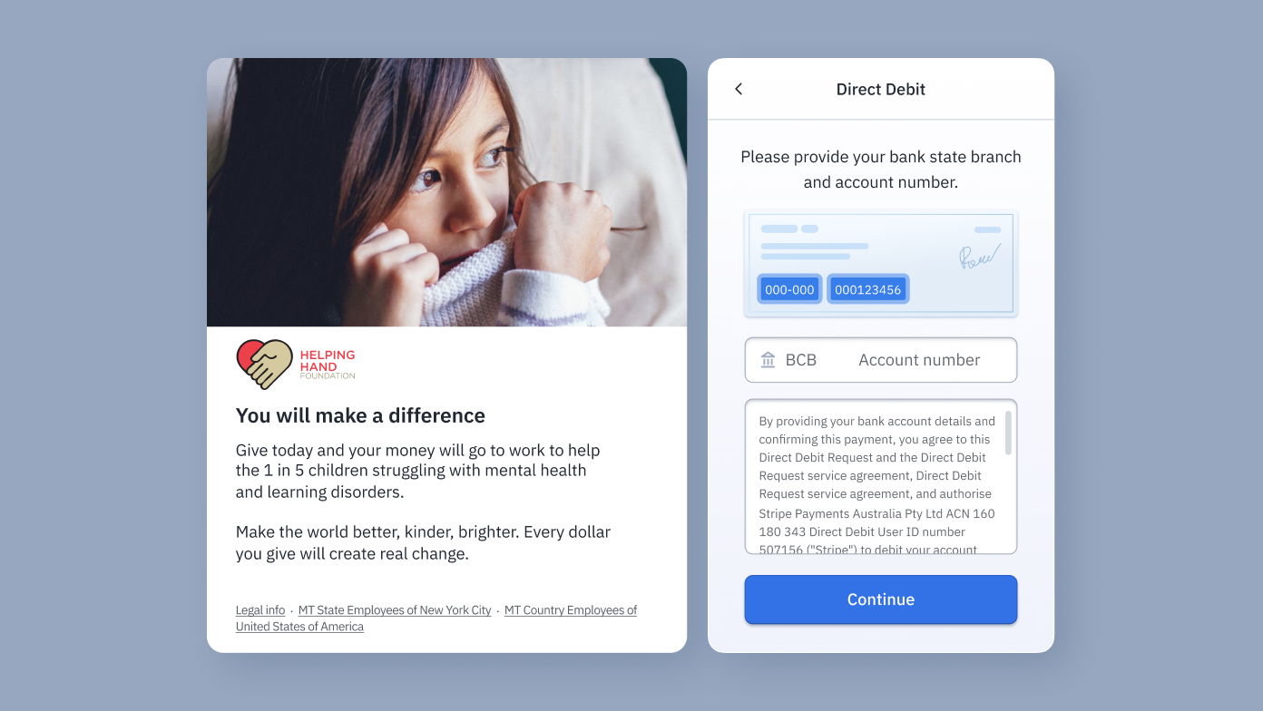 A child holding a pencil looks thoughtfully at the viewer. Next to them is a donation request for the Helping Hand Foundation, encouraging support for children facing mental health and learning challenges. A payment form for direct debit is shown on the right.