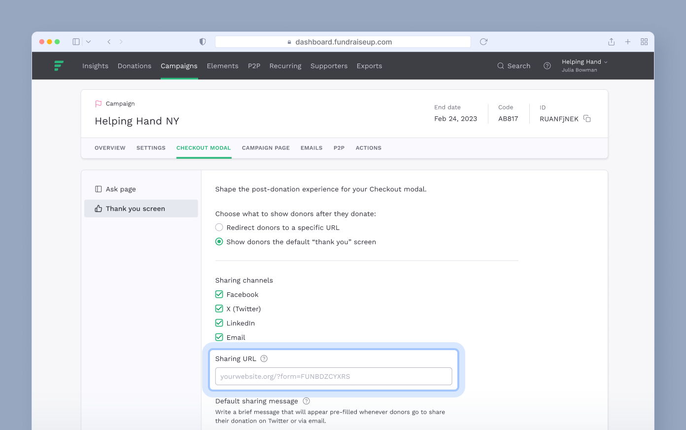 Checkout modal settings for the "Helping Hand NY" campaign, showing options for post-donation screens and sharing channels including Facebook, Twitter, LinkedIn, and Email. A URL for sharing is highlighted.