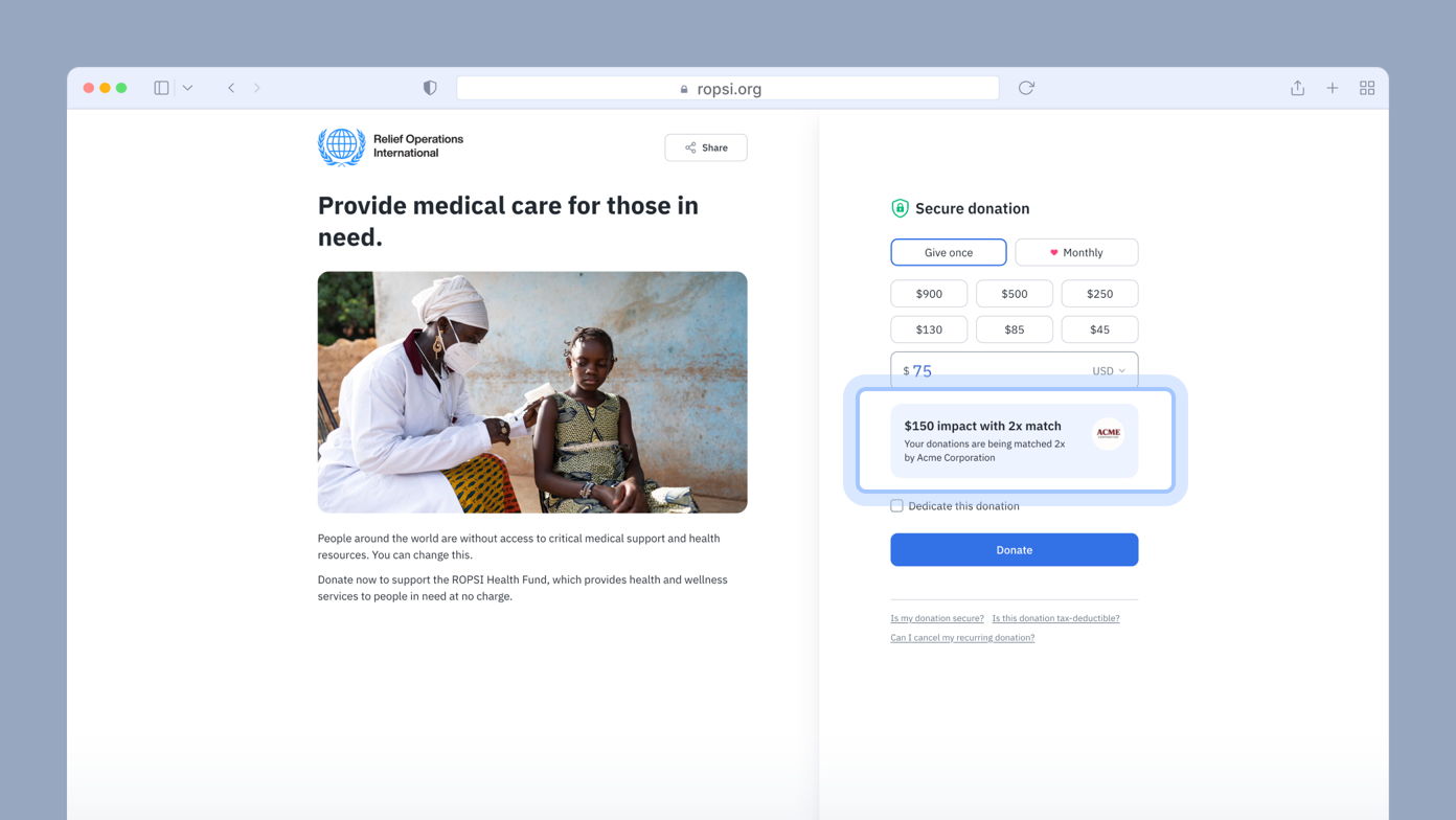 A healthcare worker assists a child in a medical setting. The webpage promotes donations to support medical care for those in need, highlighting a matching donation offer.