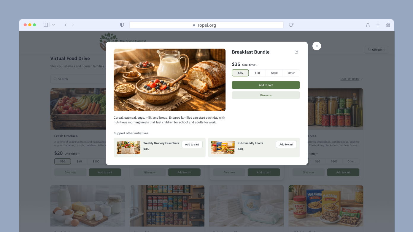 Breakfast bundle featuring cereal, oatmeal, eggs, milk, and bread, priced at $35. Options to add to cart or give now are available. Background shows a virtual food drive webpage with fresh produce and grocery essentials.
