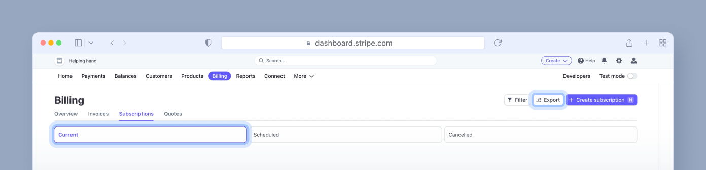 Billing dashboard displaying the "Subscriptions" tab with sections for "Current," "Scheduled," and "Cancelled." Includes buttons for "Export" and "Create subscription."