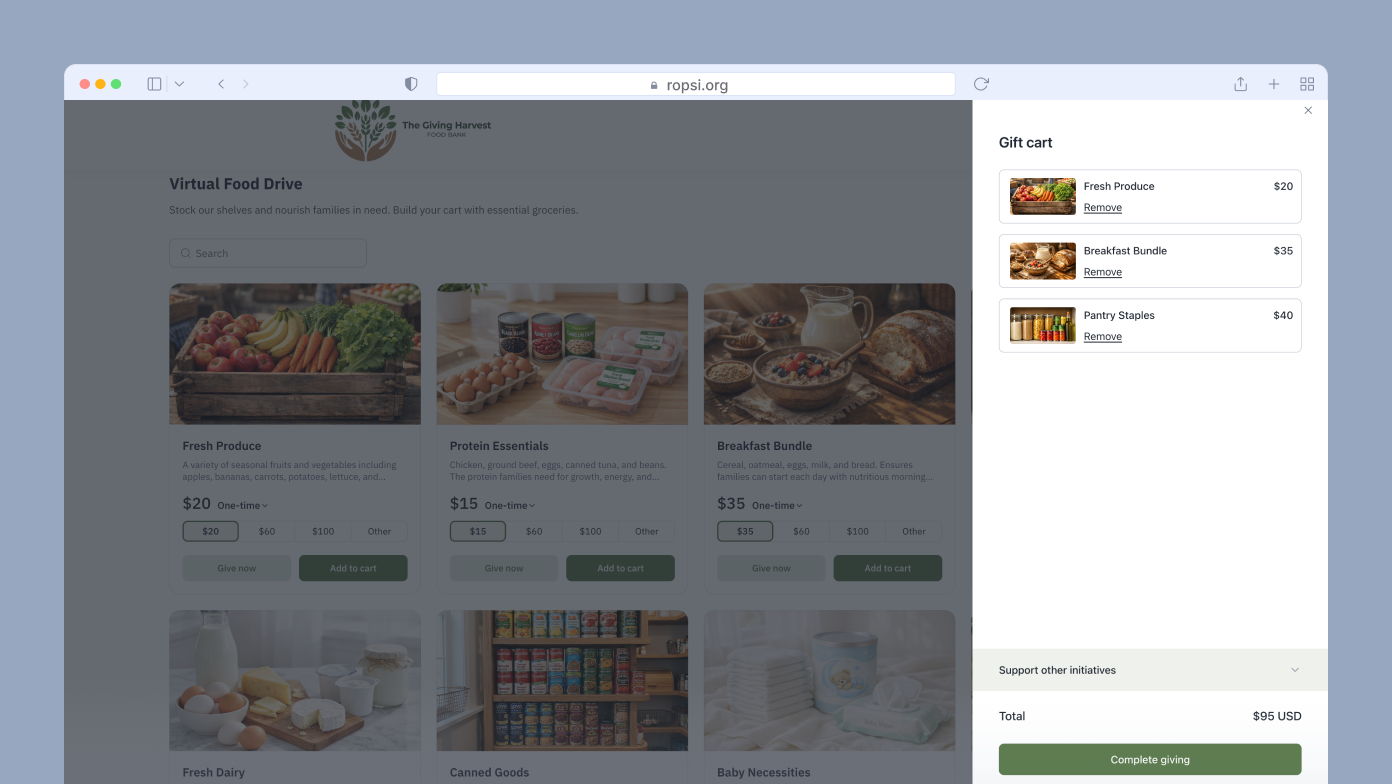 Virtual food drive webpage displaying a gift cart with three items: Fresh Produce for $20, Breakfast Bundle for $35, and Pantry Staples for $40. Total cost is $95 USD with a button to complete the giving process.