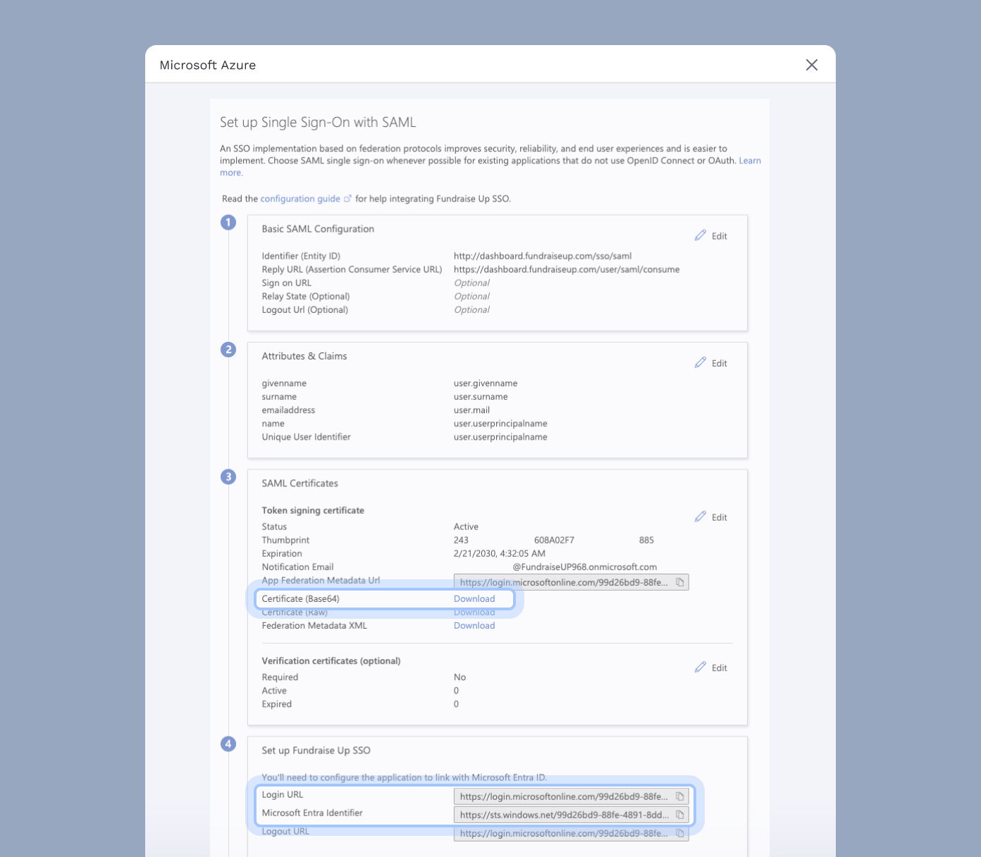 Setup instructions for Single Sign-On with SAML in Microsoft Azure, detailing configuration settings, attributes, claims, and SAML certificates, including URLs for login and metadata downloads.