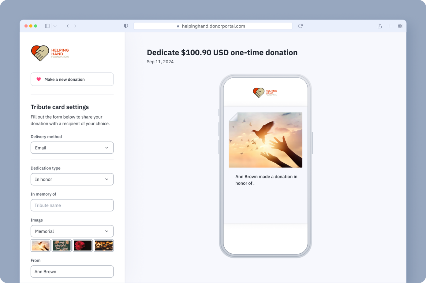 Donation form displaying a $100.90 one-time donation option. A mobile phone shows a tribute card with an image of birds and hands, indicating a donation made by Ann Brown in honor of someone.