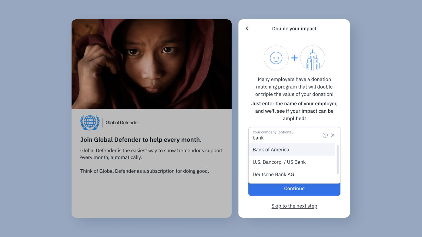 Global Defender donation prompt with a child's face in a hooded garment. Text encourages monthly support and mentions employer donation matching options. Input field for company name with a blue "Continue" button below.
