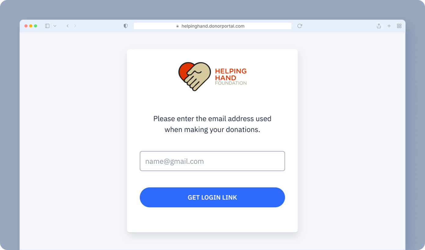 Login form for Helping Hand Foundation, prompting users to enter their donation email address. Includes a text field for email input and a blue "Get Login Link" button.