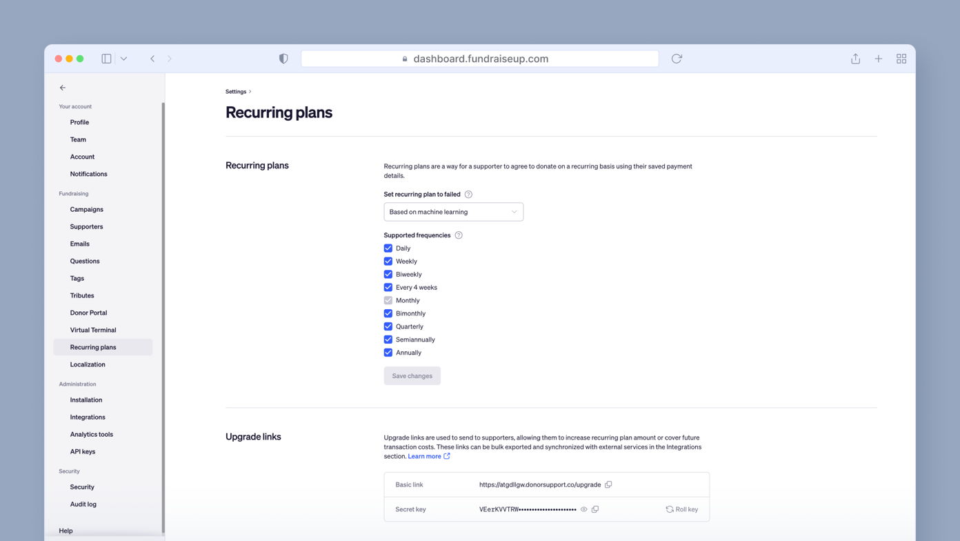Recurring plans settings for donations, including options for frequency: daily, weekly, biweekly, monthly, quarterly, and annually. Upgrade links section for sharing with supporters. "Save changes" button at the bottom.