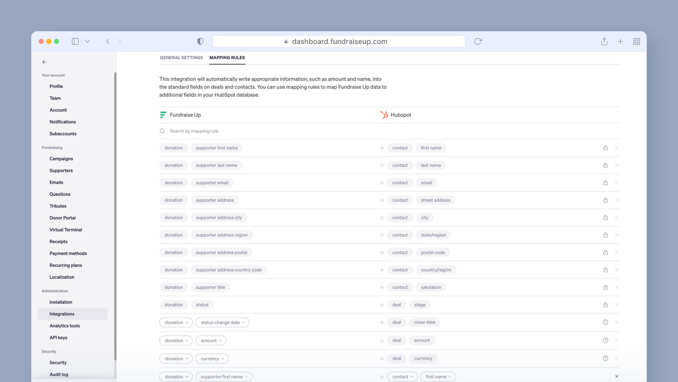 Dashboard displaying mapping rules for Fundraise Up integration with HubSpot, listing fields such as donation, supporter first name, email, and address, along with corresponding HubSpot fields.