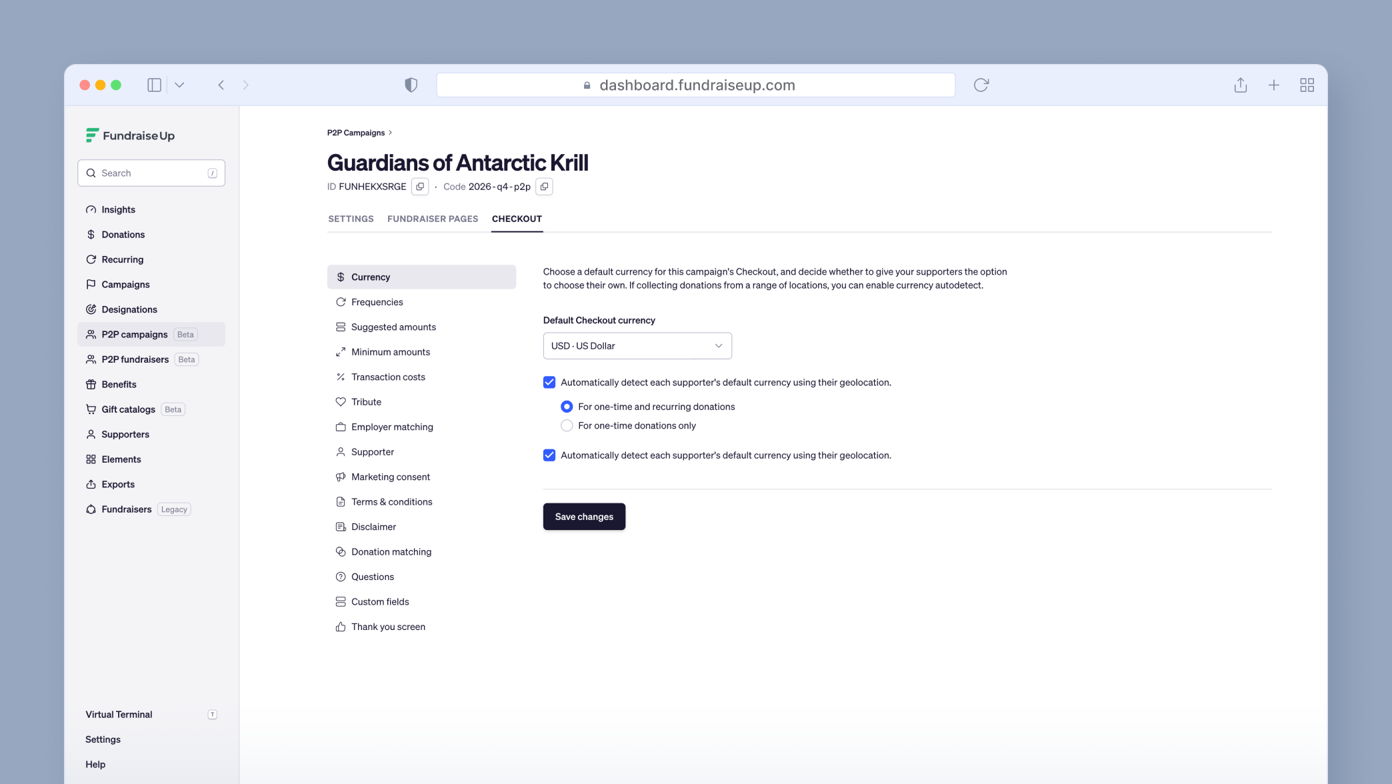 Settings page for the 'Guardians of Antarctic Krill' campaign, featuring options for currency selection, donation types, and customization fields. Includes a 'Save changes' button.