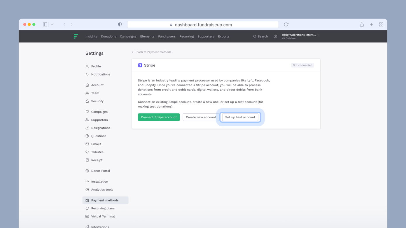 Settings page for payment methods with options to connect a Stripe account, create a new account, or set up a test account. A brief description of Stripe as a payment processor is included.