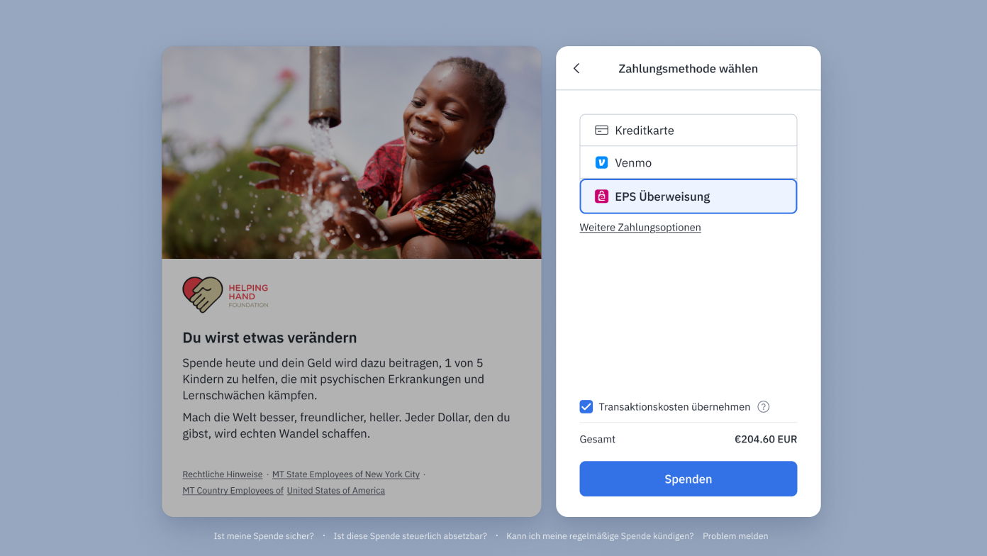 Child smiling while holding a water source, with a donation prompt for the Helping Hand Foundation. Payment options include credit card, Venmo, and EPS transfer, with a total amount of €204.60 EUR to donate.